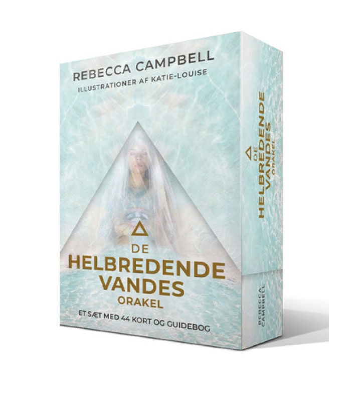 Billede af kortsættet Helbredende Vande af Rebecca Campbell med illustrerede orange og gyldne detaljer på en lysblå baggrund samt en kvinde i en vandlignende tilstand på forsiden. Sættet består af 44 orakelkort og en guidebog.