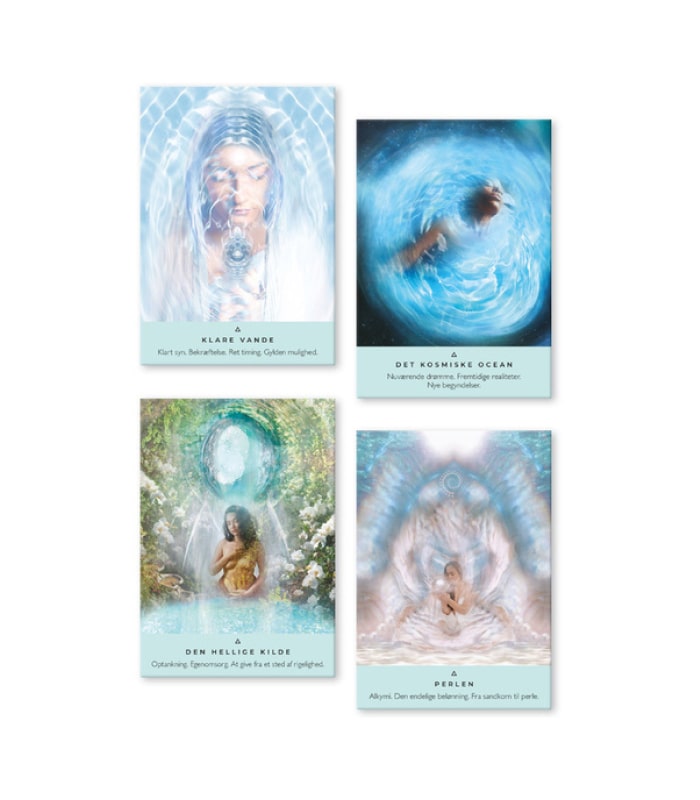 Billede af fire orakelkort fra Helbredende Vande af Rebecca Campbell med titlerne Klare Vande, Det Kosmiske Ocean, Den Hellige Kilde og Perlen. Hvert kort har et unikt og farverigt design med symbolik relateret til spiritualitet og personlig udvikling.