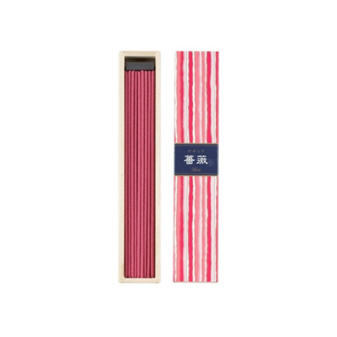 Kayuragi Rose incense sticks in a rectangular wooden holder with a colorful striped box featuring a dark blue label that reads Rose