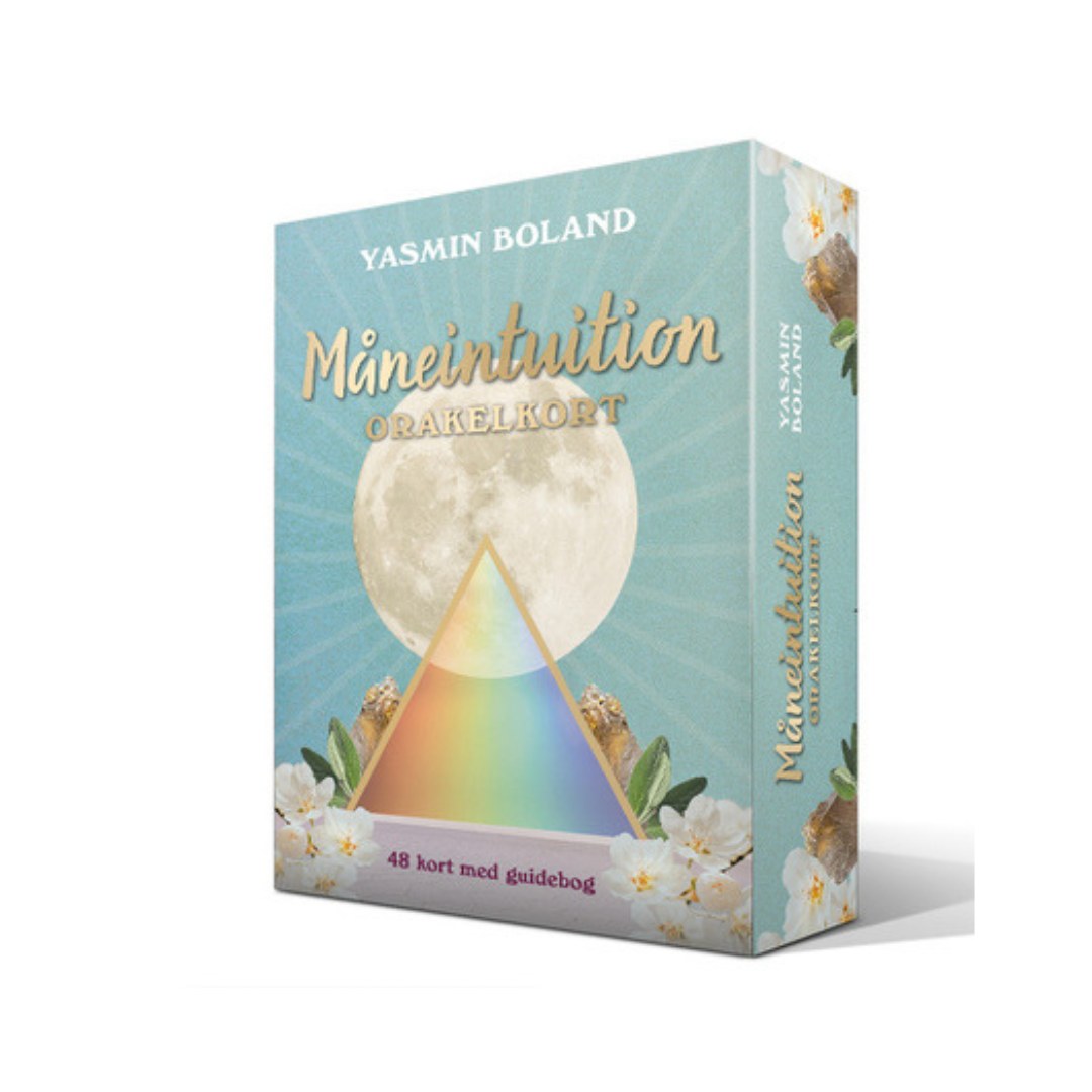 Produktbillede af Måneintuition af Yasmin Boland som inkluderer en æske med orakelkort med en beskrivelse af 48 kort og en guidebog illustreret med en stor fuldmåne og farverige elementer