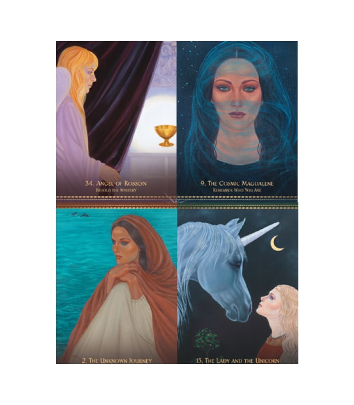 Illustration af fire kort fra produktet Mystique of Magdalene præsenterer forskellige billeder En engel med langt lyst hår sidder ved et vindue med en gylden skål En kvinde med mørkt hår og en blå baggrund symboliserer den kosmiske Magdalene En ung kvinde med brunt hår ser ud mod vandet iført en dragt En ung kvinde med lyst hår interagerer med en enhjørning i en natlig scene
