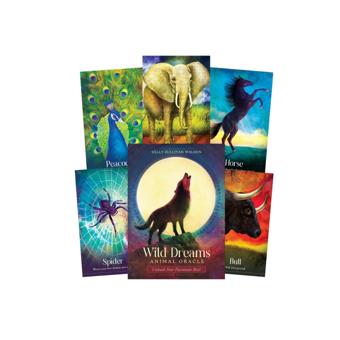 Farverigt sæt af orakelkort med titlen Wild Dreams Animal Oracle designet af Kelly Sullivan Walden, featuring kort med billeder af en påfugl, en elefant, en hest, en ulv, en edderkop og en tyr, arrangeret i en delikat komposition