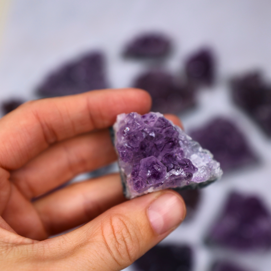Hånd, der holder en amethyst klynge med klare lilla og hvide krystaller, mens flere amethyst klynger er synlige i baggrunden