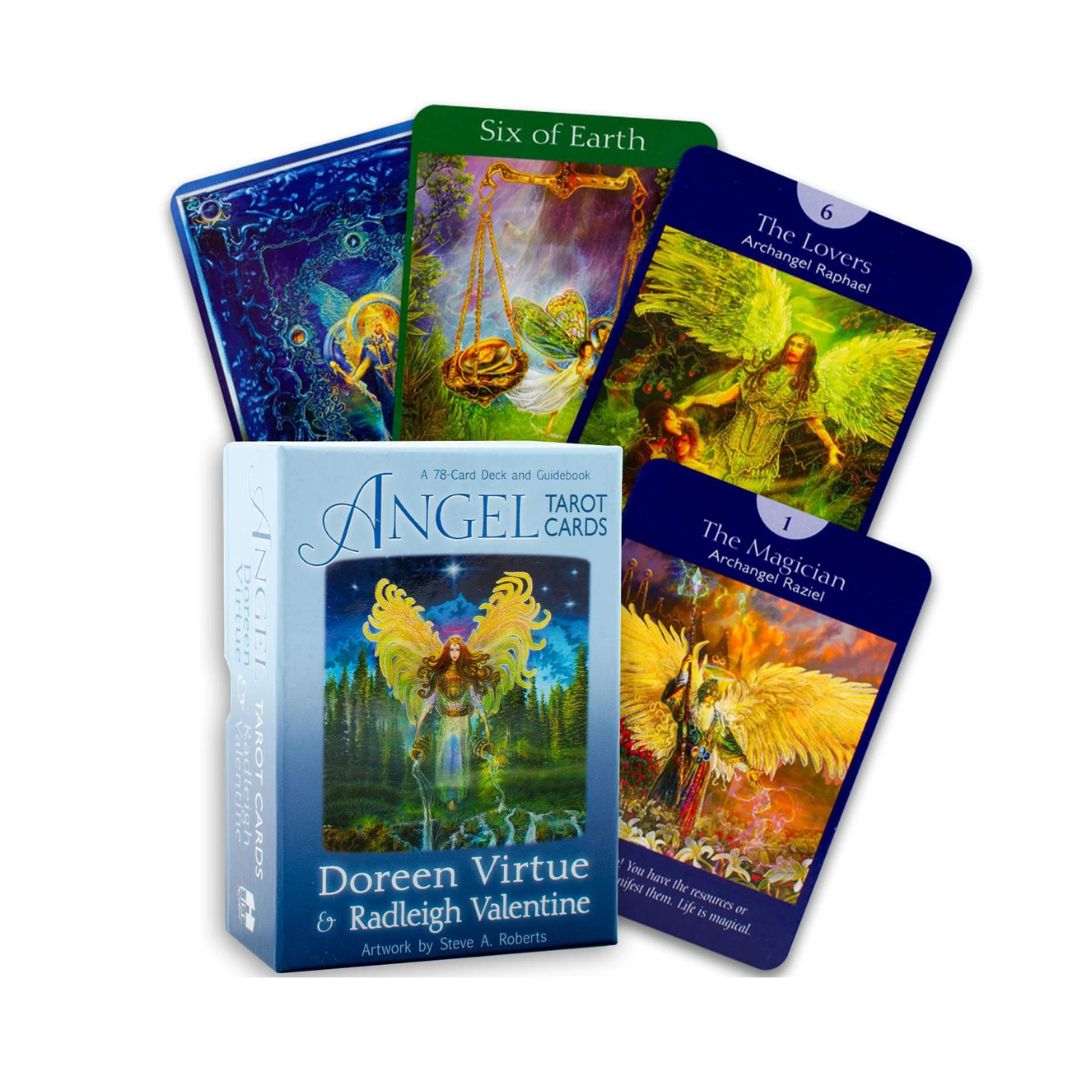 Engletarotkort fra Radleigh Valentine og Doreen Virtue præsenteret med en æske og fire kort synlige herunder Six of Earth, The Lovers, og The Magician hvert med farverige illustrationer af engle og spirituelle symbolske elementer