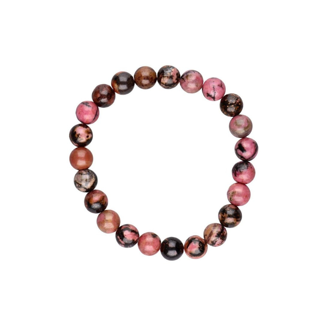 Rhodonit armbånd bestående af rundede perler i nuancer af pink, brun og sort arrangeret i en cirkel.