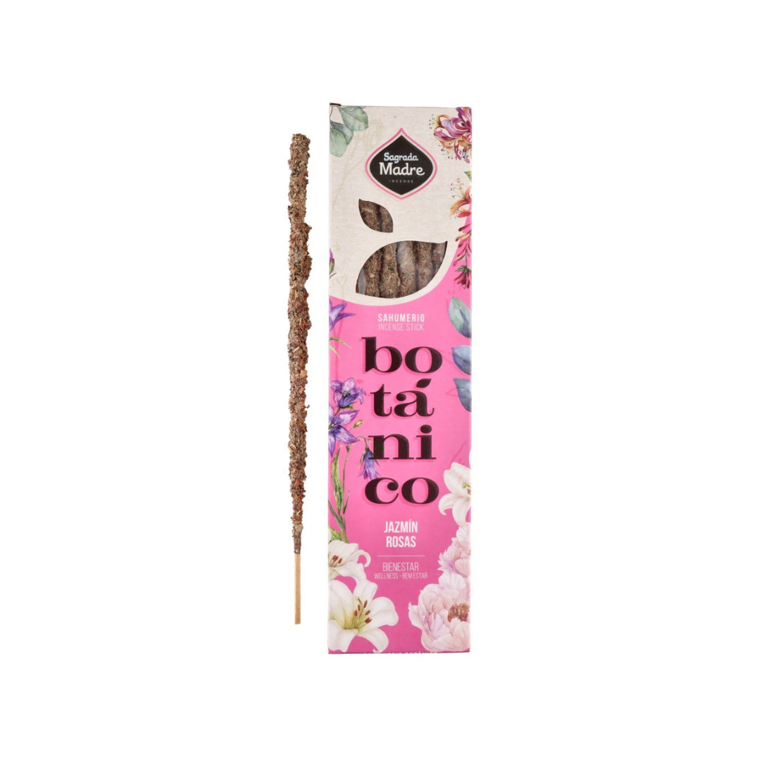 Produktbillede af Botanico røgelse med duften af jasmin og rose beliggende ved siden af en pakke med farverig blomsterdesign og klare skrifttyper der angiver produktnavnet og indholdet