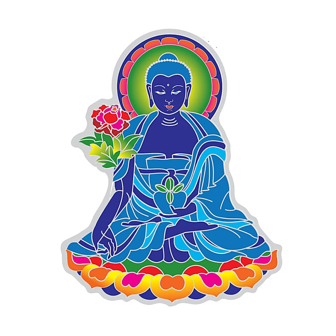 Klistermärke med en färgglad Buddha som sitter med blommor och en kruka