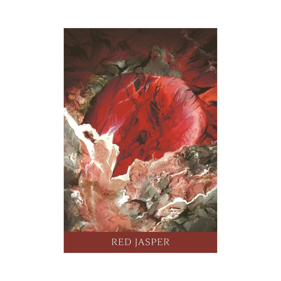 Billede af kortet med titlen Red Jasper fra Crystal Oracle af Toni Carmine Salerno med en abstrakt baggrund i nuancer af rød og grøn.