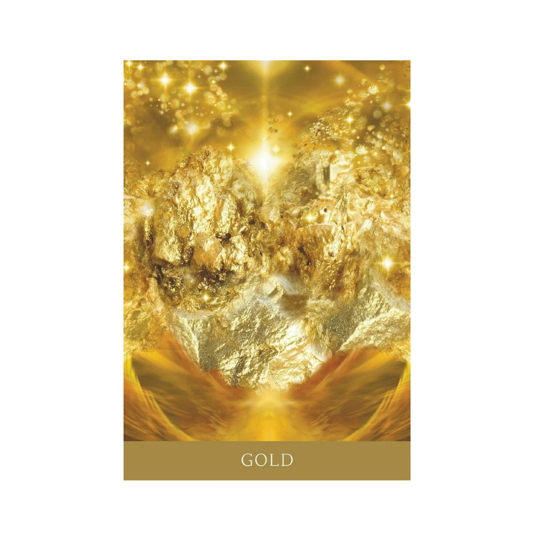 Billede af et kort fra Crystal Oracle af Toni Carmine Salerno med en glitrende guldfarvet baggrund og en tekst nederst med ordet GOLD