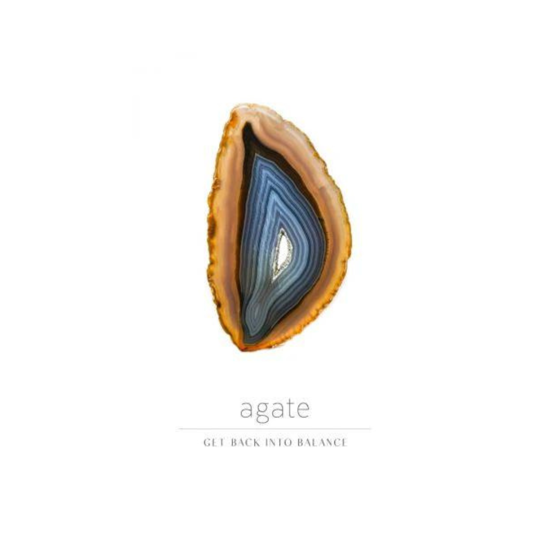 Agat på hvid baggrund med lag af blå og gyldne nuancer som symboliserer balance i krystalinspiration oracle-kortene