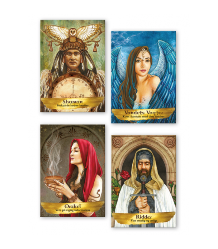 Engle og Forfædre Pocketsize orakelkort med fyra olika kortdesigns inklusive Shaman, Vändets Vogt, Orakel och Ridder