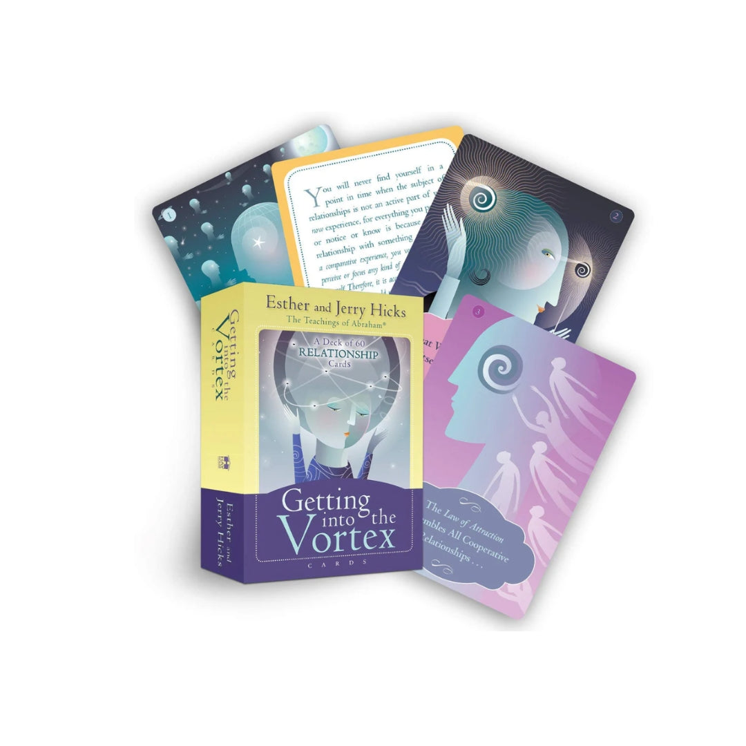 Produktbillede af kortspillet Getting into the Vortex af Esther og Jerry Hicks med illustrationer af ansigtstræk og farverige kort, der præsenterer relationstemaer og visdomsudsagn. Boksen til kortene er synlig med titlen tydeligt fremhævet i blå og hvid skrift.