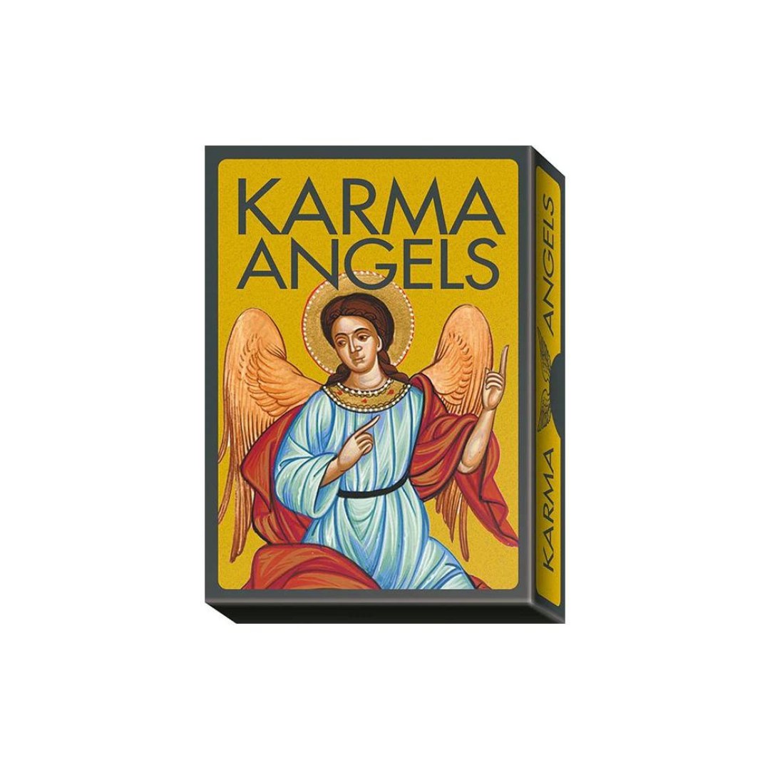 Karma Angels af Lo Scarabeo kortæske med en farverig illustration af en engel i blå og rød dragt på en gul baggrund med teksten Karma Angels øverst