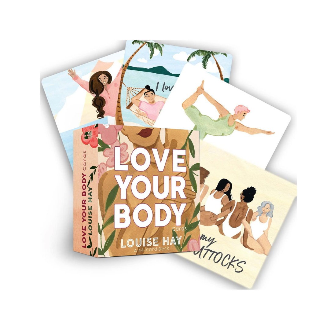 Kortspil med titlen Love Your Body af Louise Hay præsenterer farverige illustrationer med glade mennesker der udstråler kropspositivitet og selvkærlighed kortene viser forskellige motiver herunder personer der solbader danser og nyder livet med en naturbaggrund