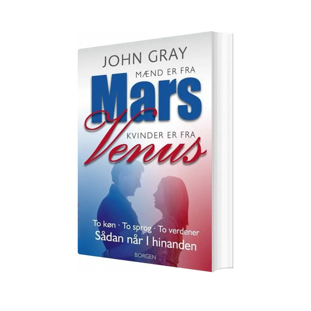 Bokomslag av Mænd er fra Mars. Kvinder er fra Venus av John Gray med ett par som ser mot varandra