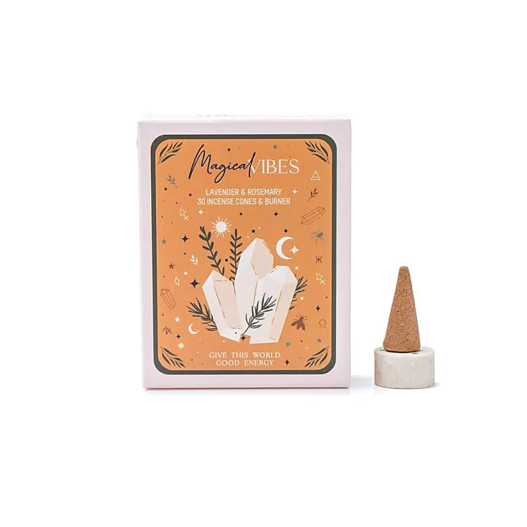 Magical Vibes rökelsekeglar med doft av lavendel och rosmarin samt en hållare för keglarna