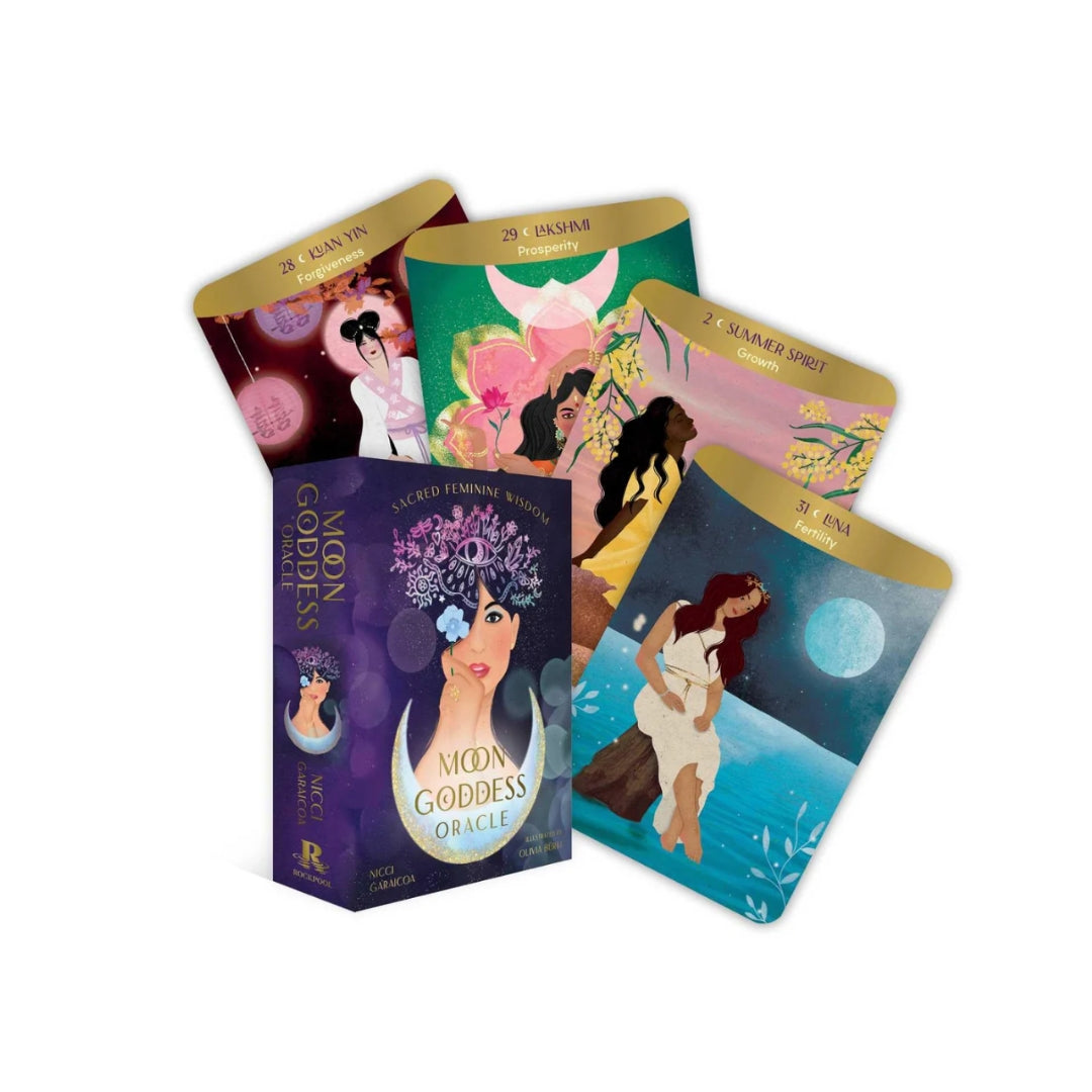 Illustration af produktet Moon Goddess - Orakelkort viser en elegant æske med kort i forskellige farver og design. På forsiden af æsken er en kvinde med mørkt hår, blomster i håret og en dekoreret krone. Udefra ses fire kort med billeder af forskellige kvinder, der symboliserer temaer som velstand, vækst og femininitet. Kortene er farverige med detaljerede illustrationer og har en gylden kant.