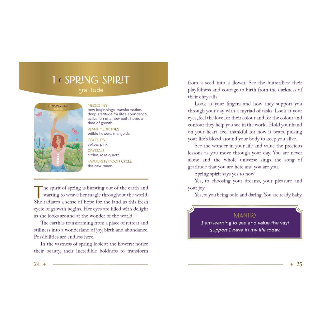 Spring Spirit kort fra Moon Goddess med illustration af en kvinde i farverig natur som symboliserer forår og transformation. Teksten fremhæver taknemmelighed, livets cyklus, og vigtigheden af at værdsætte sin egen rejse. Der er oplysninger om medicinske planter, farver, krystaller og månens cyklus. Designet er indbydende og inspirerende.