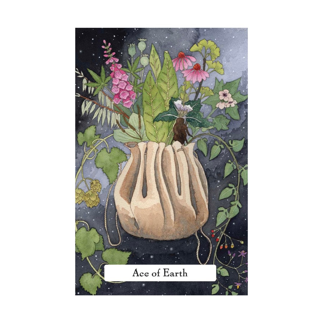 Kortet Ace of Earth fra The Witches Wisdom Tarot viser en læderpose fyldt med friske, grønne planter og blomster på en mørk baggrund med stjerner. Posen hænger fra en snor og er omgivet af vinstokke og naturens elementer.