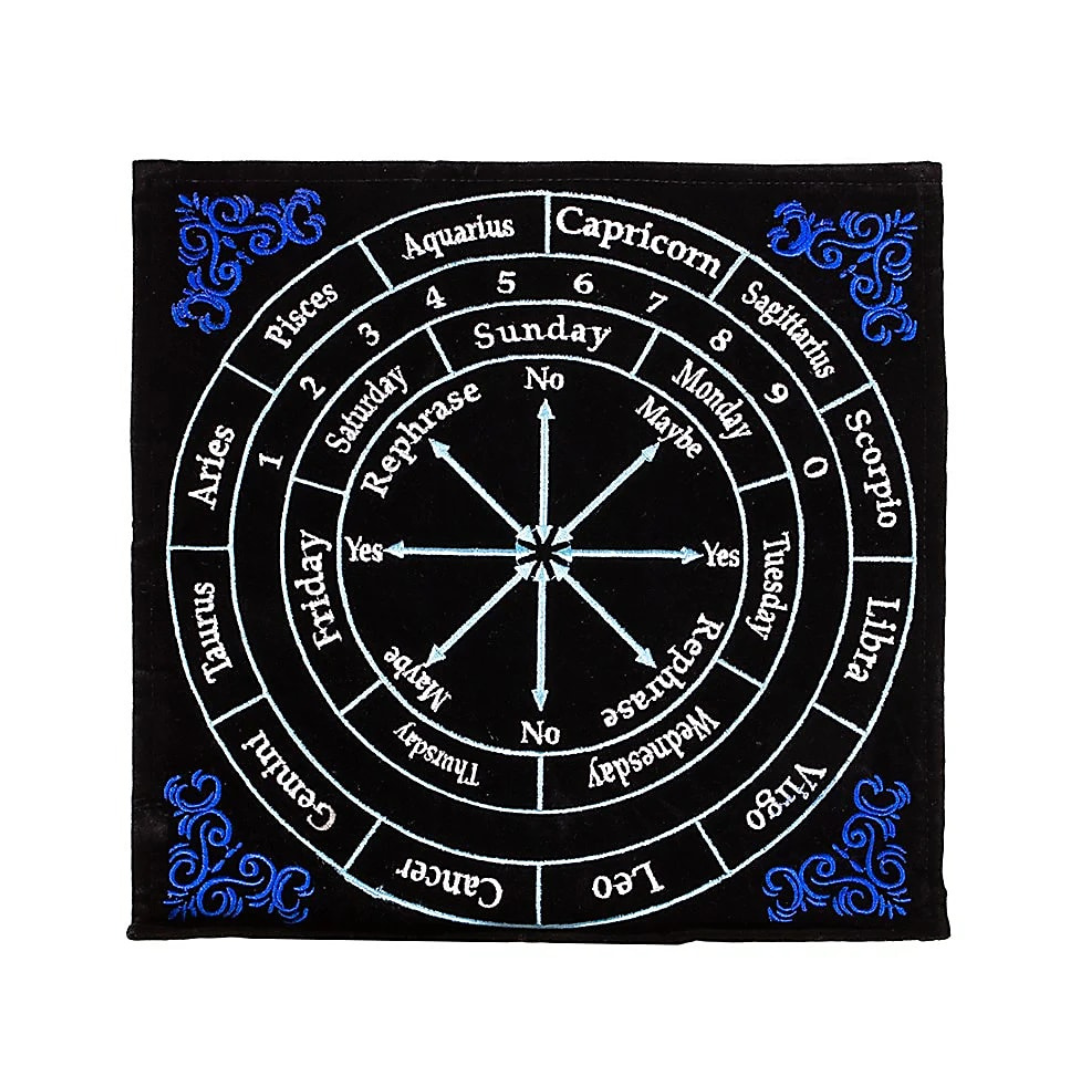 Pendelmatta med astrologiska symboler och veckodagar i svart och blått