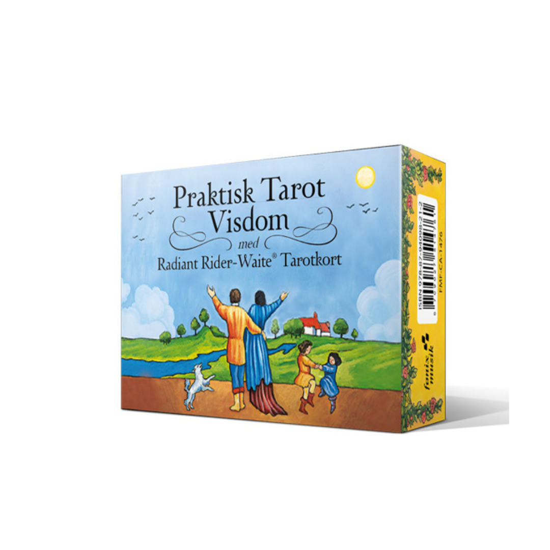 Praktisk Tarot Visdom produktboks med illustrationer af mennesker og hus i et landskabsbillede samt teksten Radiant Rider-Waite Tarotkort