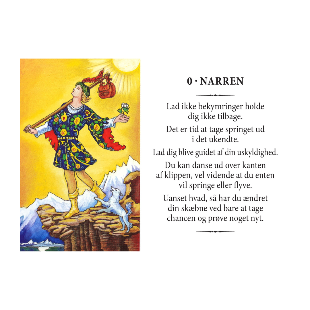 illustration af Narren fra Rider Waite tarotkortene står på kanten af en klippe med en hund ved fødderne iført en farverig kjole og holder en rose i hånden solen skinner klart i baggrunden teksten til højre opfordrer til at tage chancer og følge sin uskyldighed