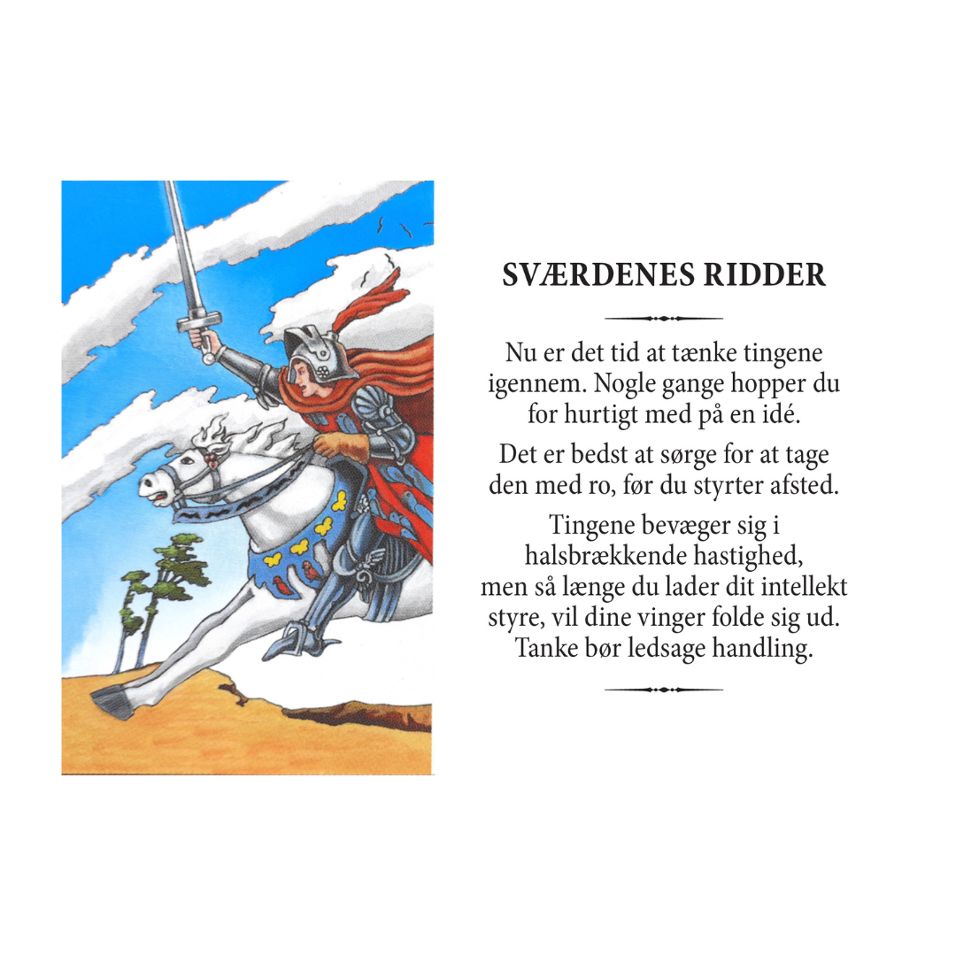 Illustration af Sværdenes Ridder fra Rider Waite tarotkort med en ridder iført rustning på en hvid hest i en dynamisk position, sværdet løftet over hovedet i en blå himmel, ledsaget af tekst, der beskriver kortets betydning og budskab om at tage tid til at tænke, før man handler.
