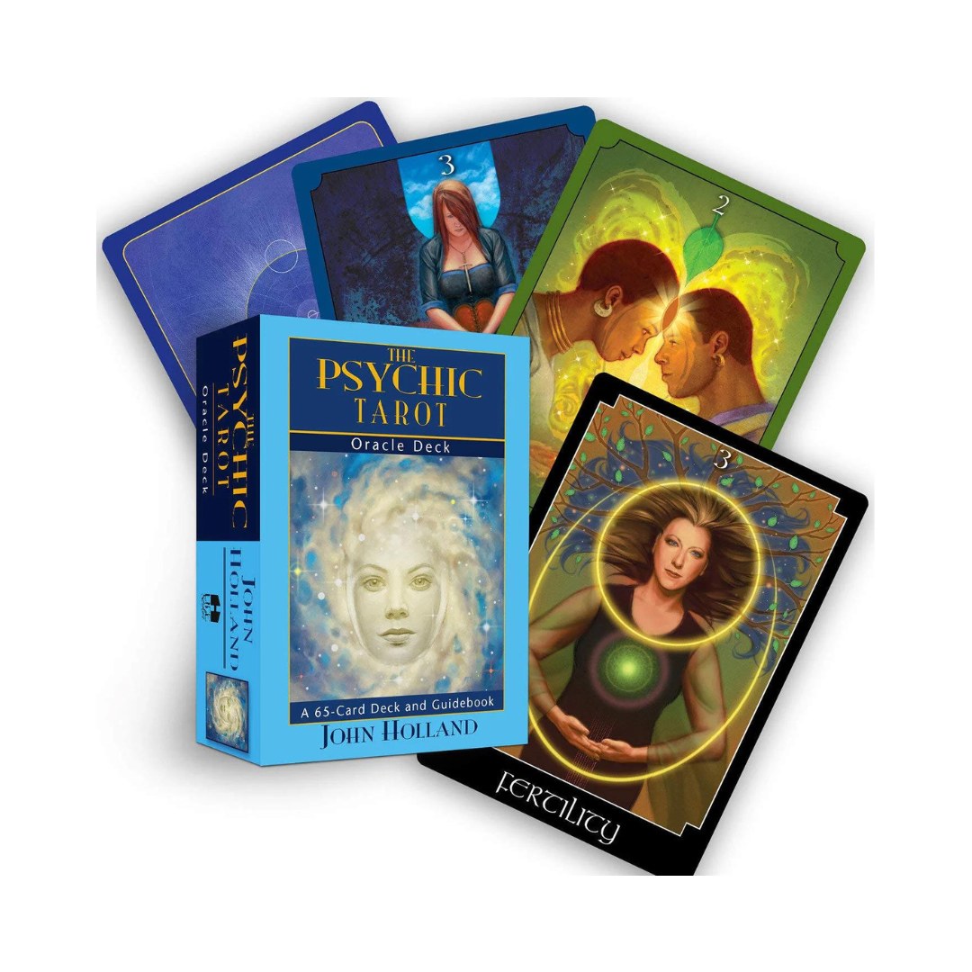 Produktet viser kortspillet med titlen Psychic Tarot som inkluderer en guidesbog og 65 kort med varierede motiver og farver. Visse kort præsenterer billeder af personer og symboler som repræsenterer emner som frugtbarhed og forbindelse, mens emballagen er i en lys blå farve med en illustration af en kvinde i en lysende cirkel.