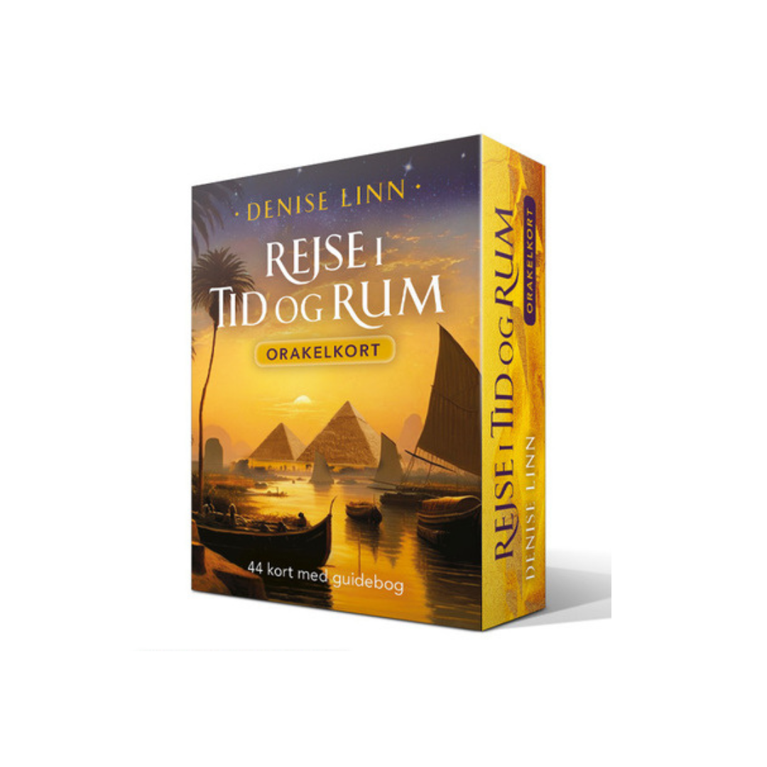 Orakelkort med titeln Rejse i tid og rum av Denise Linn, innehållande 44 kort och en guidebok, avbildad mot en bakgrund med pyramider och båt på en flod.