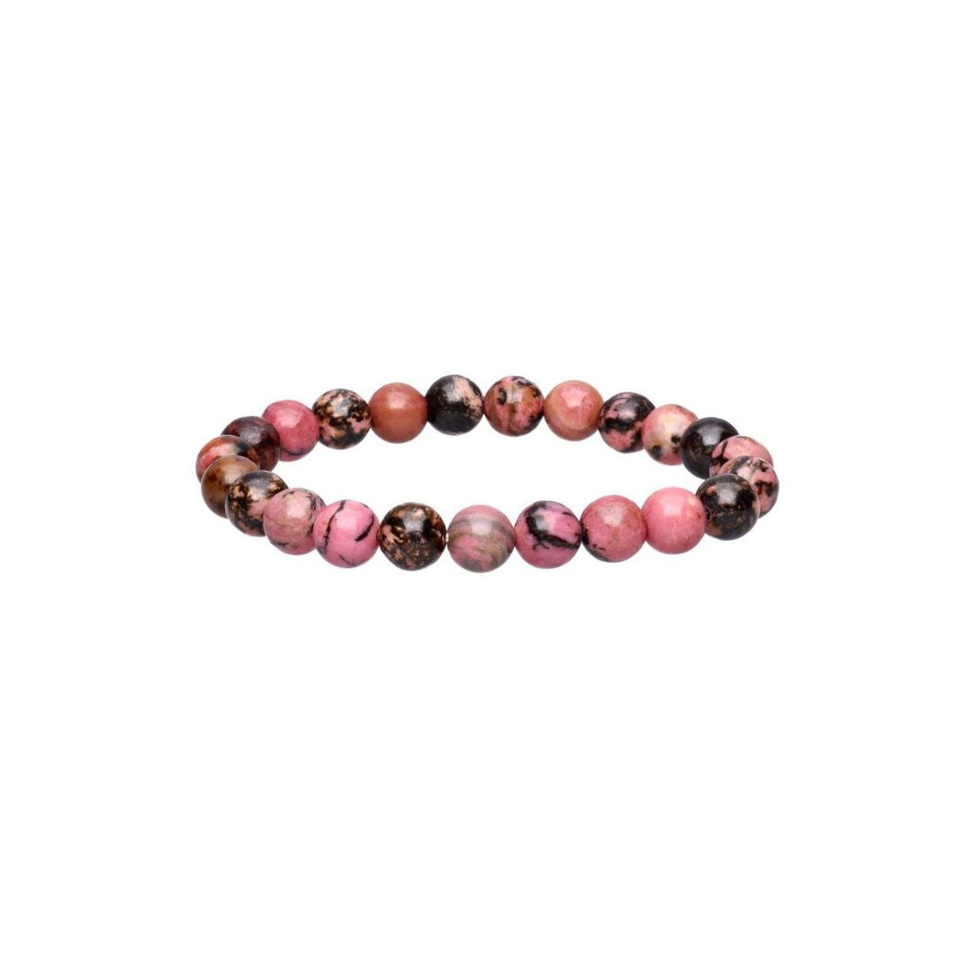 Rhodonit armbånd med runde sten i nuancer af pink, sort og brun der er strakt på et elastisk bånd