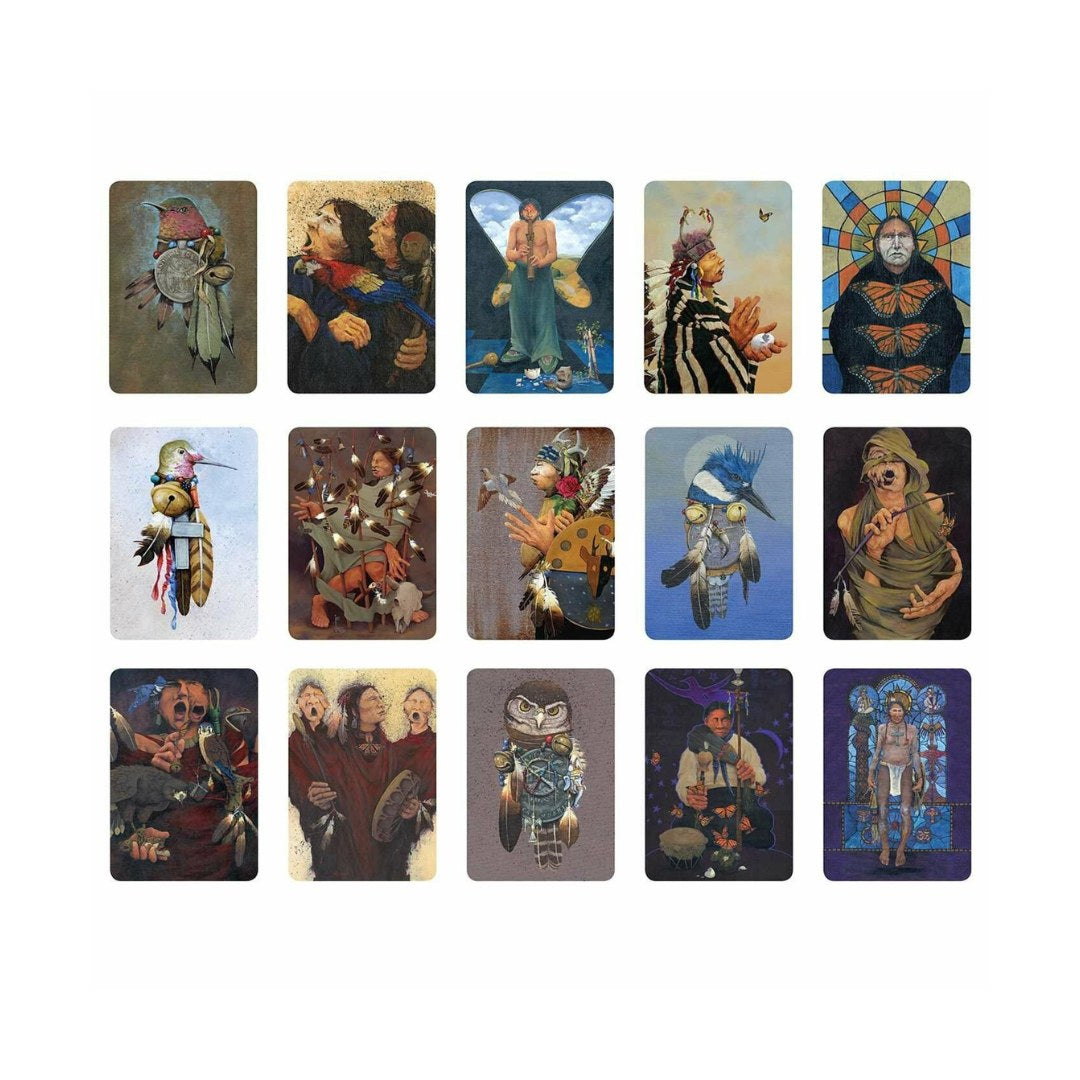 Billede af kortene fra Sacred Vision af Lynn V. Andrews som viser forskellige illustrationer med inspirerende og mystiske motiver herunder fugle, mennesker og symbolske elementer arrangeret i et 4x4 gitter.