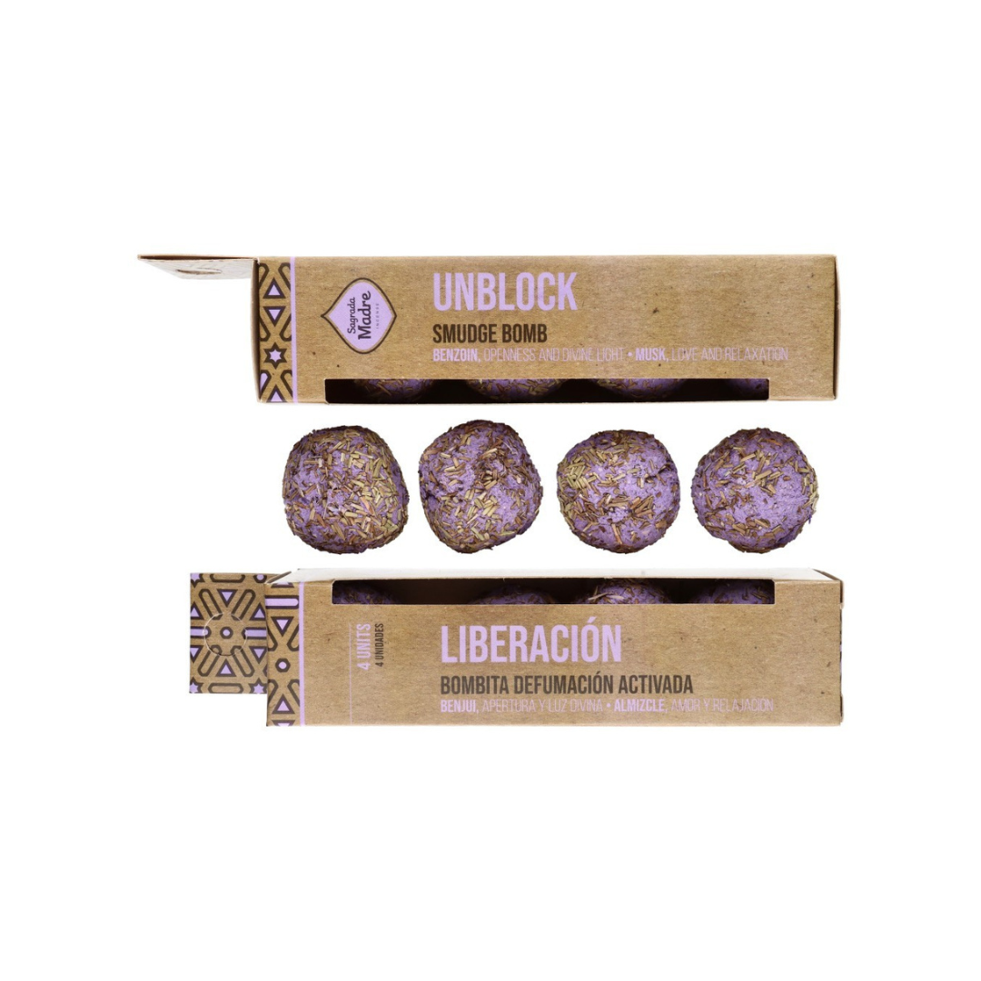 Røgelses kugler til rensning og afslapning i en papæske med det danske navn Unblock og det spanske navn Liberación indeholdende fire kugler med en lilla farve pyntet med urter og blomster.