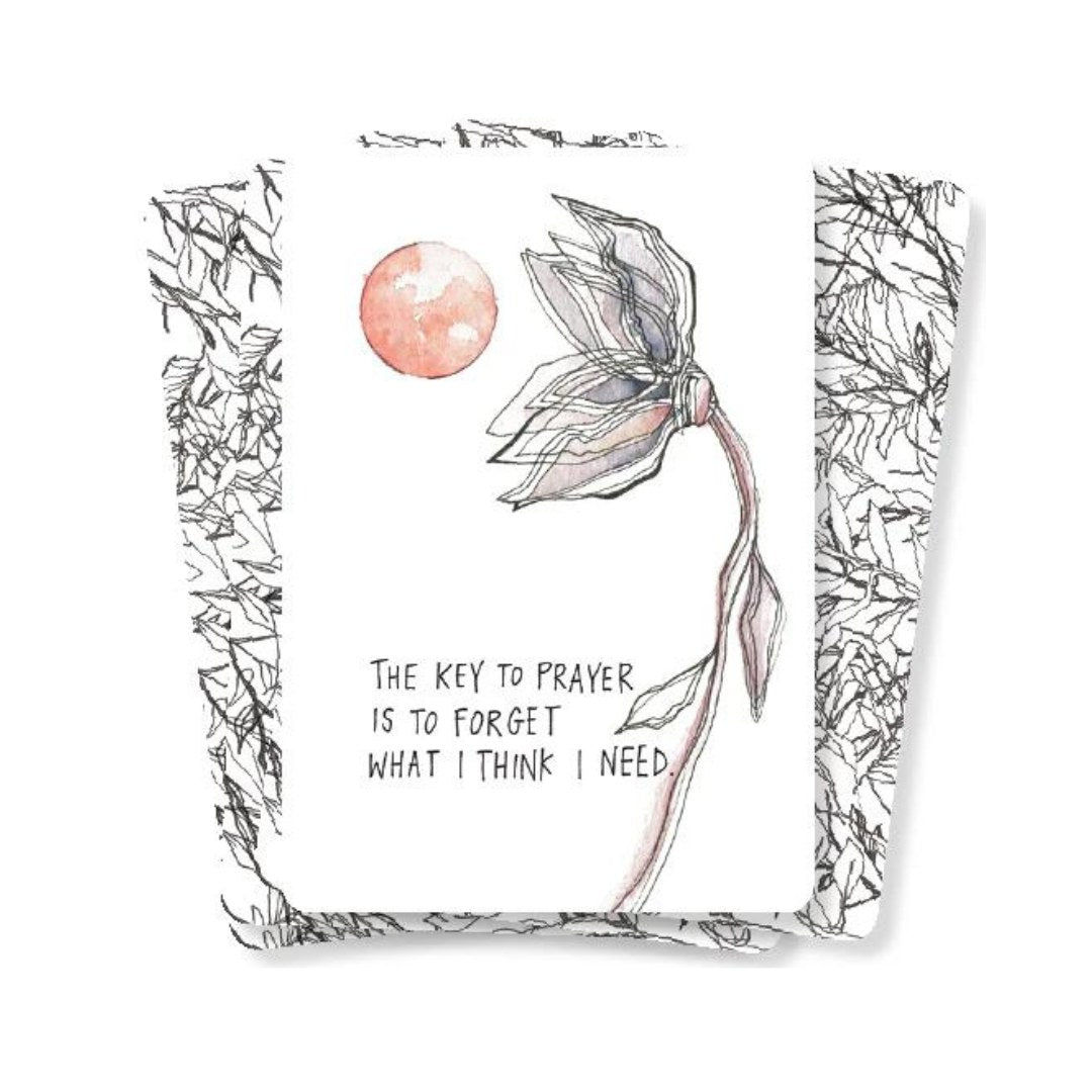 Illustration af kort med en blomstertegning og en rødlig sol i baggrunden teksten beskriver vigtigheden af at glemme egne ønsker i bønnen designet er stiliseret med en sort-hvid baggrund og linje tegningselementer