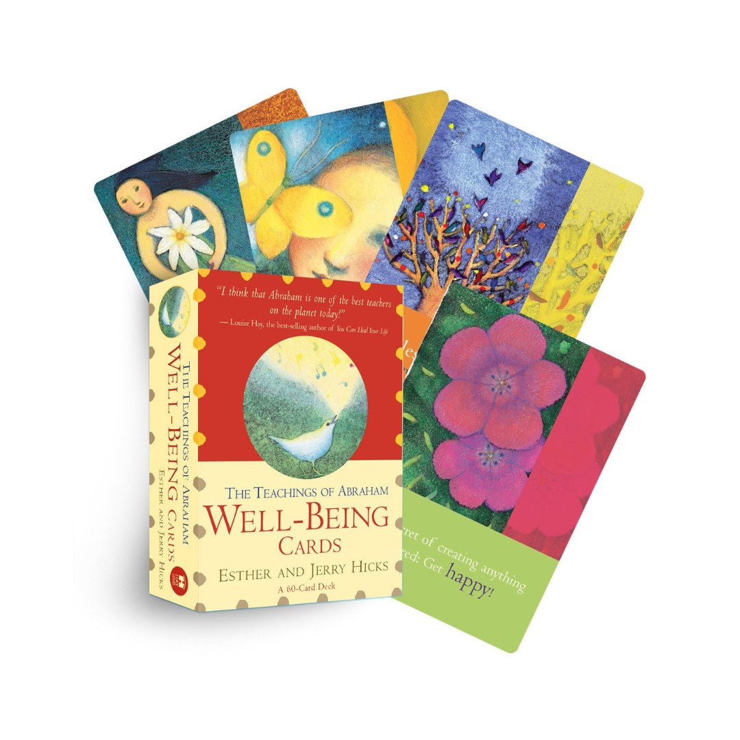 En farverig samling af orakelkort fra Teachings of Abraham Well-Being præsenteret med en æske og flere kort i forskellige farver og motiver som blomster, sommerfugle og abstrakte designs. Æsken har titlen tydeligt trykt og idenficerer kortene som en del af et 60-korts sæt.