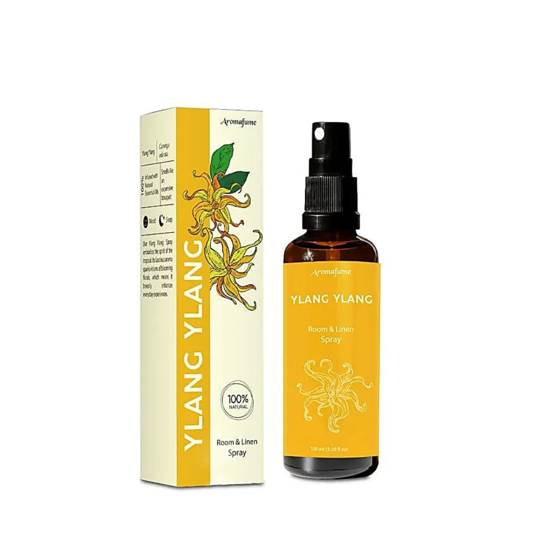 Rumspray med Ylang Ylang i brun glasflaska och färgglad förpackning