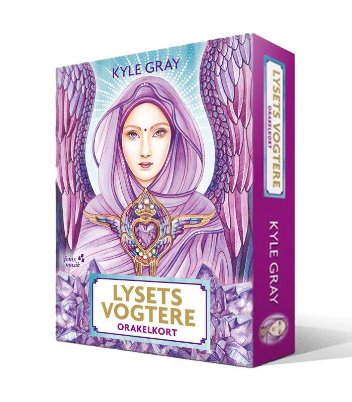 Lysets Vogtere af Kyle Gray orakelkort pakket ind med farverig illustration af en kvinde med englevinger og mystiske symboler med en glitrende baggrund