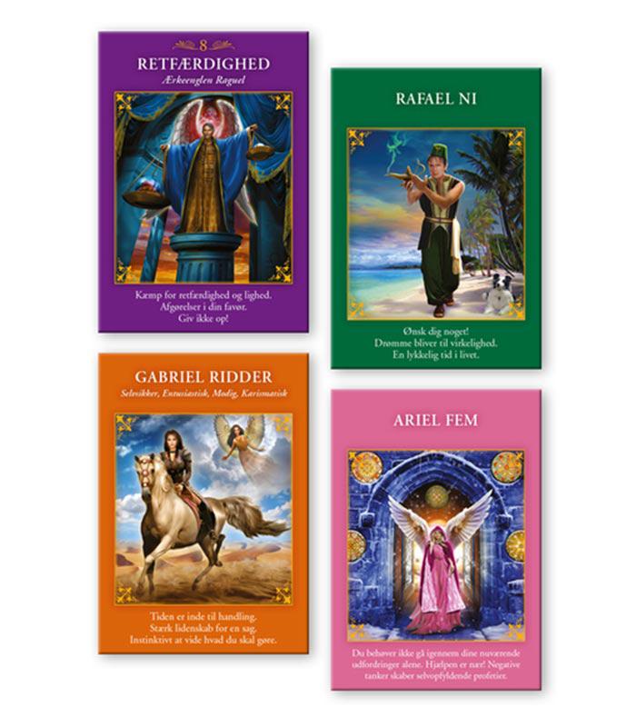Billede viser fire tarotkort fra Ærkeengel Power Tarot af Radleigh Valentine. Øverste venstre kort er Retfærdighed, som viser en figur iført blå kappe, der holder vægtskål. Øverste højre kort er Rafael Ni med en mand der kaster lys over vand og har en hund ved sin side. Nederste venstre kort er Gabriel Ridder, der viser en kvinde på en hest, der ser beslutsom ud. Nederste højre kort er Ariel Fem med en engel iført pink kjole foran en portal.