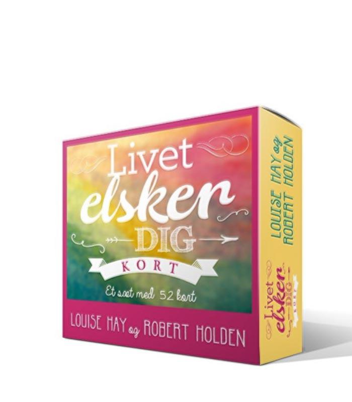 Billedet viser pakken med orakelkortene Livet elsker dig af Louise Hay og Robert Holden. Pakken har en farverig baggrund med nuancer af blå, grøn, pink og orange. Teksten er præsenteret i en kombination af skrifttyper, hvor Livet og elsker er fremhævet i hvid, DIG er skrevet med gul skrift, og KORT er i en buet bannerform. Under teksten står der at sættet indeholder 52 kort.
