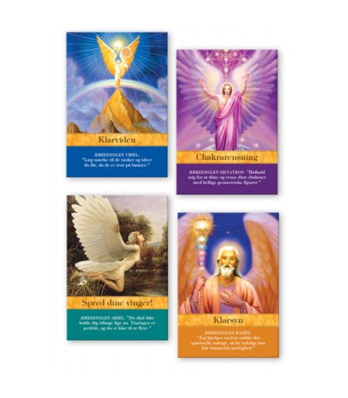 Ærkeengle af Doreen Virtue englekort med fire kort der viser engle og spirituelle budskaber Klarviden, Chakrarensning, Spred dine vinger, Klar syn