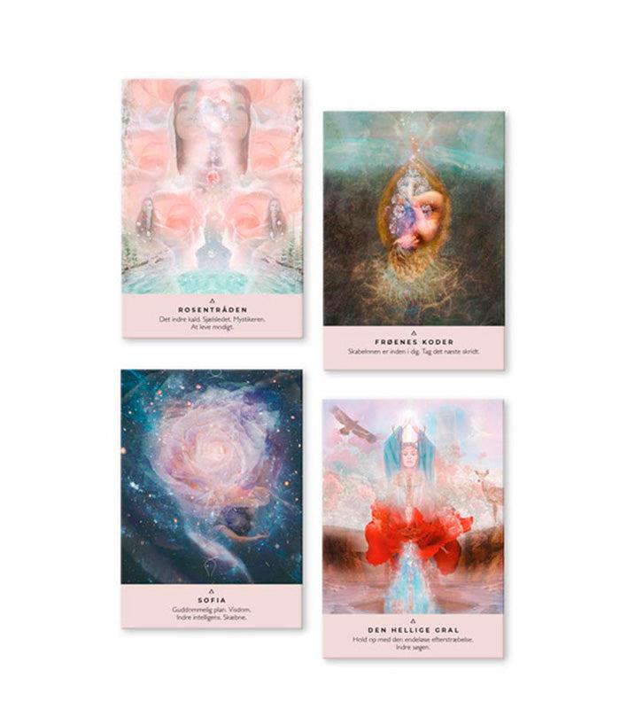 Rosenoraklet af Rebecca Campbell orakelkortene i fire smukke designs med detaljerede illustrationer og inspirerende beskrivelser af kortenes betydning som Rosentræden Frodenes Koder Sofia og Den Hellige Gral