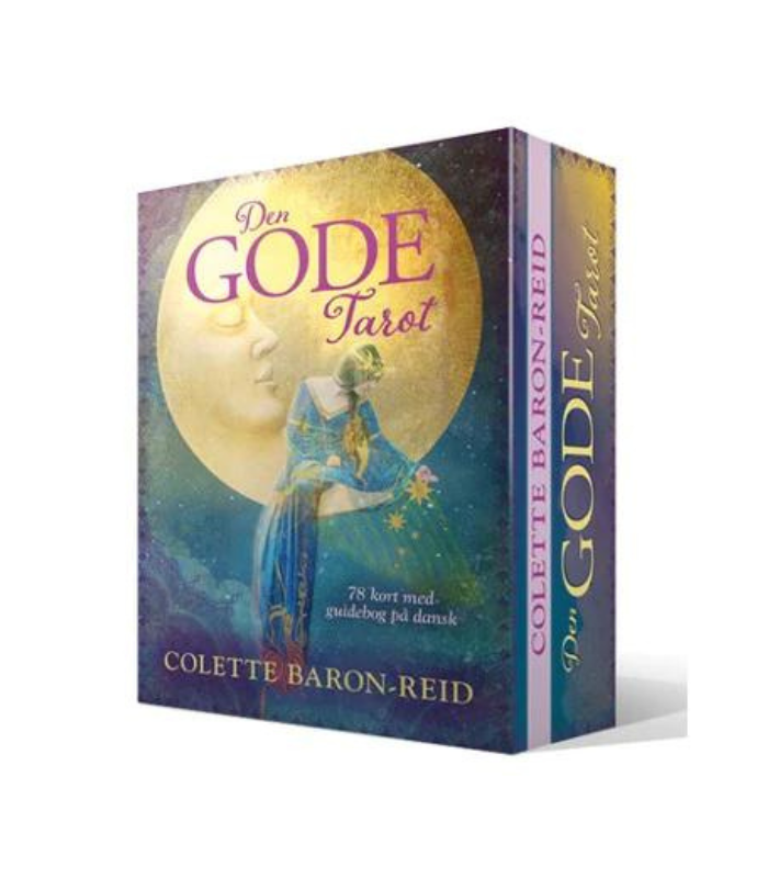 Forside af kortsættet Den Gode Tarot af Colette Baron-Reid med titel og illustration af en person i en blå klædning der holder en stjerne foran en måne. Boksens side viser forfatterens navn og kortets antal samt guidebog på dansk.