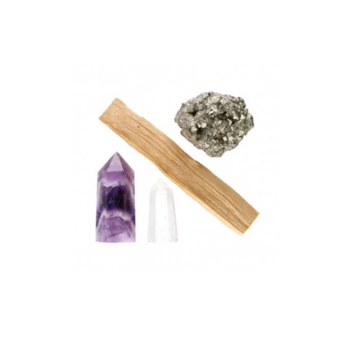 Billede af produktet Harmoni og overflod bestående af en lilla kvartskristal i spidsform, en hvid kvartskristal, en bit af træ og en klump grå mineral med glinsende overflade.