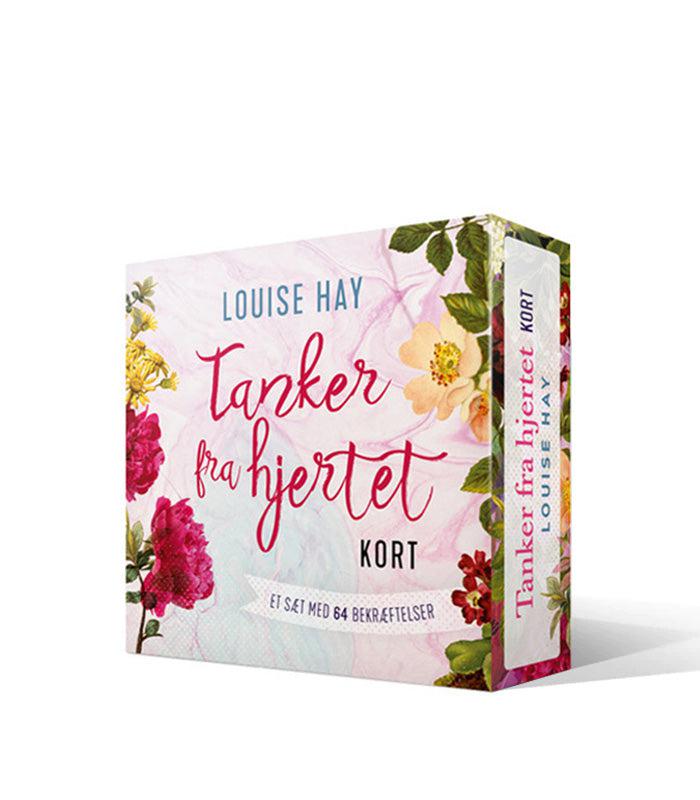 Kortæske med titlen Tanker fra hjertet af Louise Hay prydet med farverige blomster og dekorative detaljer indeholder 64 bekræftelseskort til personlig udvikling og positiv tænkning