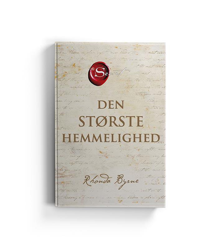 Bogen Den største hemmelighed af Rhonda Byrne med en crèmefarvet omslag og indskriften skrivet i store gyldne bogstaver på forsiden samt et rødt segl med ordene the Secret