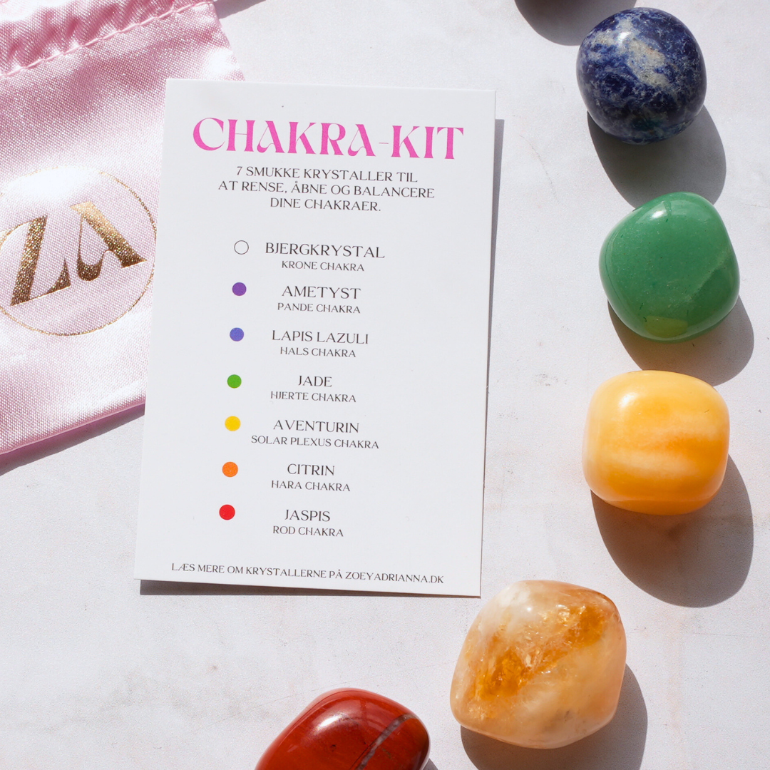 Billede viser et Chakra-kit med syv farverige krystaller anrettet omkring et kort der beskriver hver krystal og deres tilsvarende chakraer kit inkluderer bjergkrystal, ametyst, lapis lazuli, jade, aventurin, citrin og jaspis på en lys baggrund og en lys rosa taske i venstre hjørne