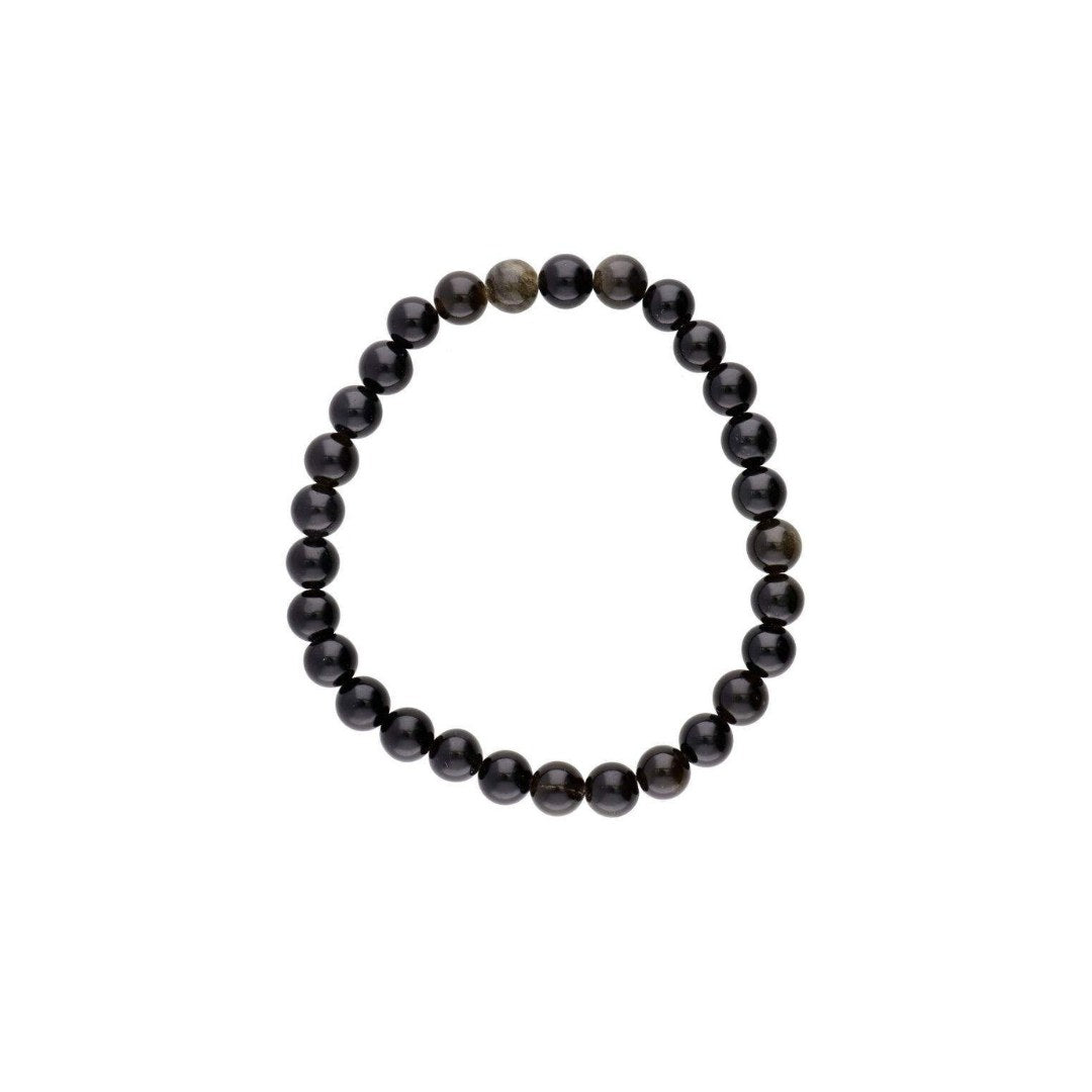 Gylden Obsidian armbånd lavet af glatte, runde perler i varierende nuancer af sort og mørkt grå, der præsenterer et enkelt og elegant design.