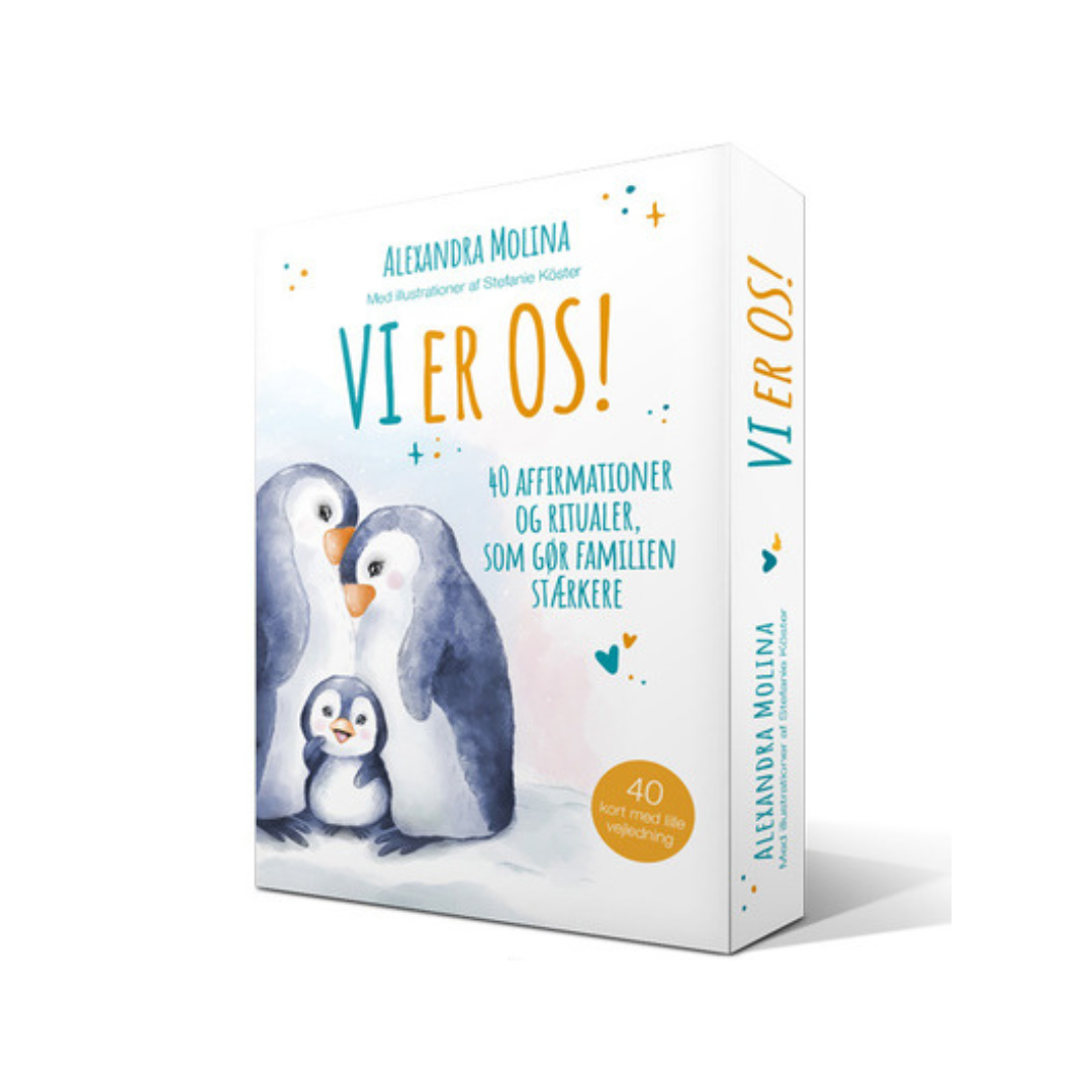 Produktförpackning för Vi Er Os! av Alexandra Molina med illustrationer av Stefanie Köber, föreställande pingviner och textbeskrivning om kort med affirmationer och ritualer för familjer.